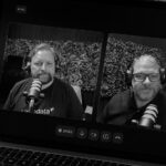 Men on laptop screen recording a podcast